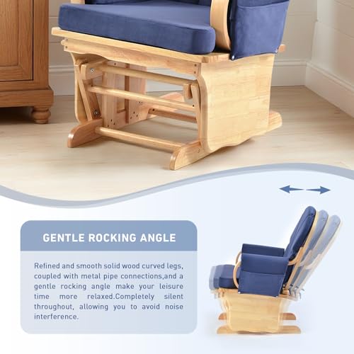 Image of Wooden Base Sliding Rocking Chair, Solid Wood Rocking Chair with Wooden Base Sliding Mechanism, Comfortable Feeding Chair Suitable for Nursery /Living Room /Bedroom (Natural Wood Blue)