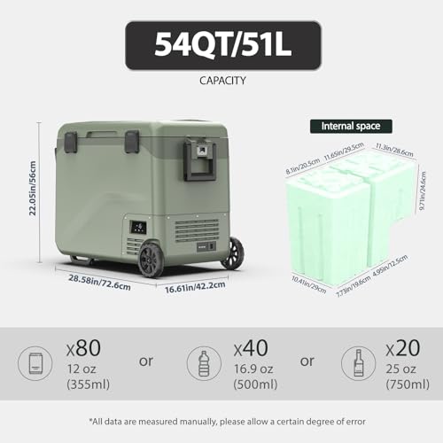 Image of GS50W Portable Wheeled Car Freezer,54Quart 12V Car Refrigerator with Dual Zone,Electric Compressor Cooler -4℉~68℉ for Camping, RV, Truck, Travel, Outdoor