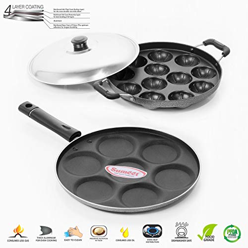 Image of Sumeet Aluminium 7-Pieces Multi Snack Maker and 12-Piece Stainless Steel Grill Appam Patra (Silver)
