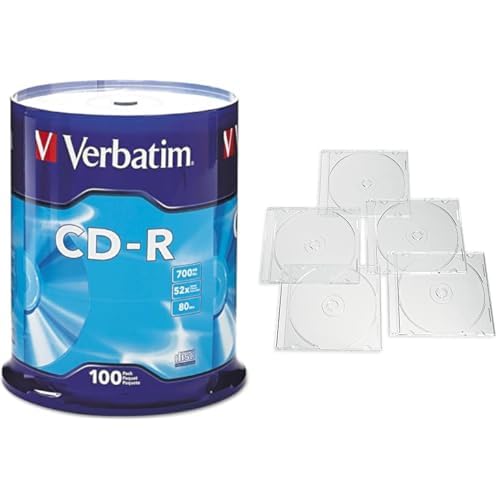 Verbatim CD-R 100 Discs Spindle Frustration Free Packaging + 25 Clear Slim Storage Cases – Data &amp; Music Recording Bundle