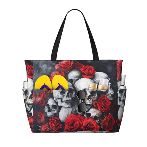 Skull And Red Rose Extra Large Tote Bag For Women,Foldable Beach Bag With Pocket Weekender Travel Overnight Bag