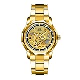 DAXIAOYU Luxury Men's Automatic Mechanical Watch with Luminous Hand Rhinestone Shaped Case, Stainless Steel Watch, Business Casual Formal Watch (Gold&Black)
