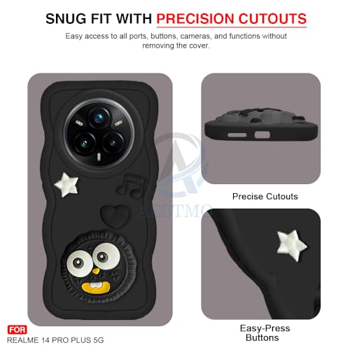 Image of AESTMO Back Case Cover for Realme 14 Pro Plus 5G | 3D Cute Fun Cartoon Characters | Anti Slip Grip Cute Wave Curly Frame Shape | Back Cover for Realme 14 Pro Plus 5G | (Black)