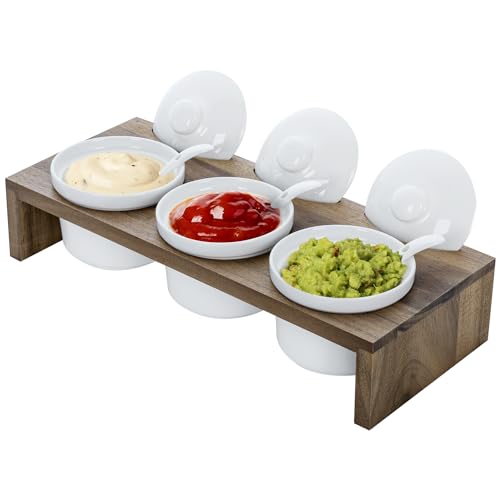 La Mejor Recopilación de Salsera los mejores 10. 47 MyGift- Juego de 3 salseros ramekines, incluyen una charola de madera maciza de acacia de alta calidad; tiene 3 cucharas y tapas de cerámica
