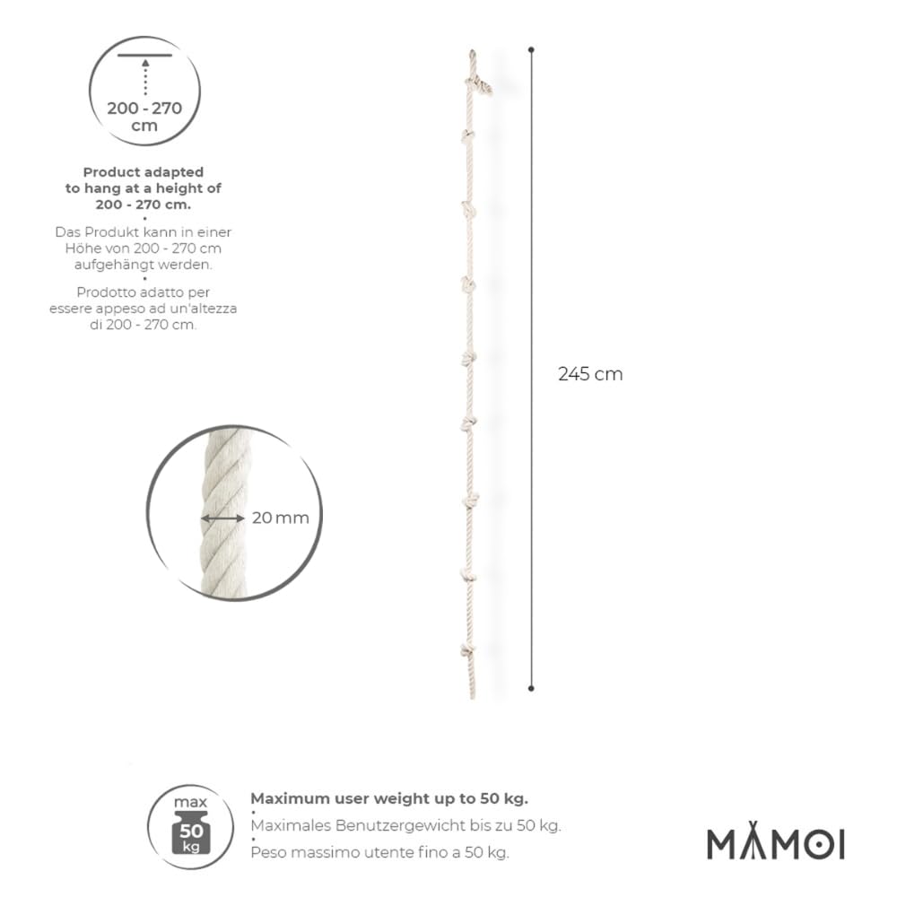 MAMOI® Lina wspinaczkowa | lina wspinaczkowa do użytku wewnętrznego | 460 cm bawełniana lina wspinaczkowa | Lina treningowa | 100% ECO | Wyprodukowano w UE | Produkt przeznaczony od 14 lat