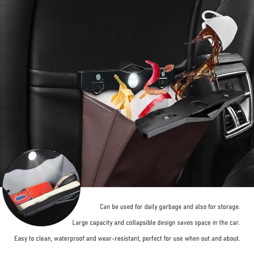Image of Hanging Car Trash Bag, Foldable Magnetic Garbage Can with Smart LED for Front Back Seat, Multi-Functional Waterproof Leather Rubbish Bag Storage Pocket, Car Accessories (Brown)