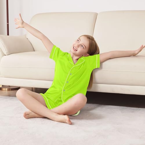 ODAWA Lemon Green 2 Piece Loungewear Set, Short Sleeve Satin Pajama Set 5-6Y4