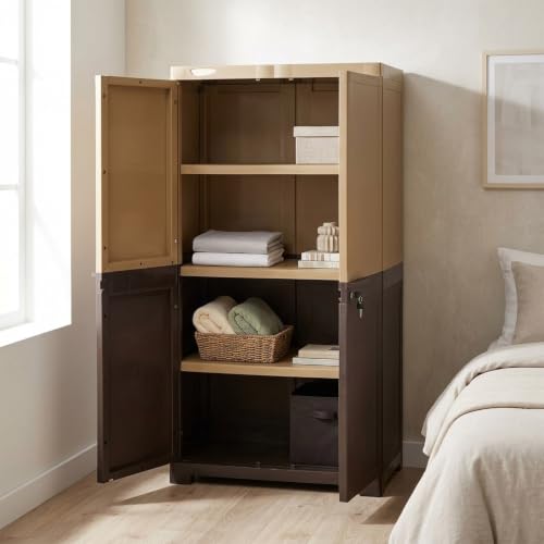 Image of Nilkamal Freedom Mini Medium (FMM Duet) Plastic Wardrobe for Storage|3-Year Warranty|Clothes Cupboard|Almirah for Home, Living Room, Bed Room|Adult & Kids|Rattan Dark Beige /Weather Brown