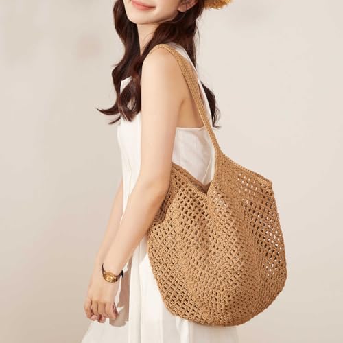 Gogobear Summer Crochet Beach Tote Bag for Women Large Capacity Mesh Handbag Soft Foldable Shoulder Bag3