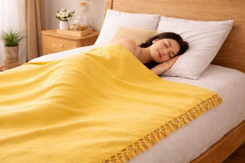 Image of OKTIC Bhagalpuri Chadar Original Combo Pack Set of 2 (Yellow Olive) | Eco Friendly Cotton Top Sheet for Summer Comfort, Skin Friendly Odhne Wali Chadar Bedsheet