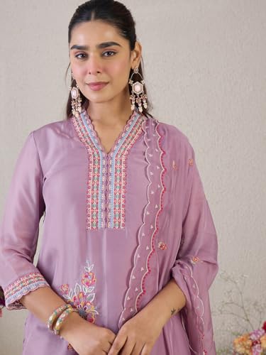 Image of INDO ERA Women's Straight Organza Floral Embroidered Kurta & Pant with Dupatta Set (IESTR9806)