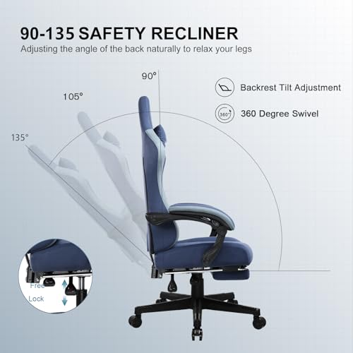 sedia gaming ergonomica sedia da gaming tessuto traspirante schienale alto con cuscino imbottito a molle, poggiatesta e supporto lombare per giochi di studio e lavoro blu navy - Sedia gaming - Immagine 6