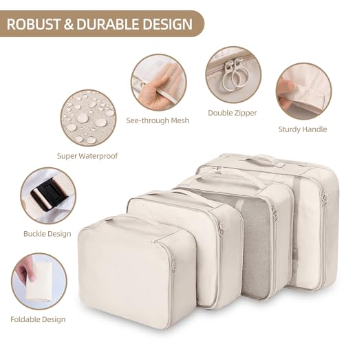 12Pcs Packing Travel Cubes for Suitcase Luggage Organizers with 5 Drawstring Bags,Suitcase Organiser Bag with Waterproof Shoe Storage Bag Compression Pouches Beige - Image 3