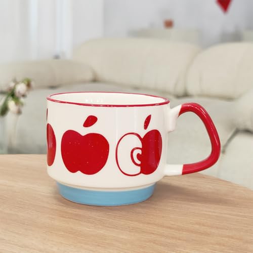 Image of Spooky Japanese Retro Ceramic Coffee Mug - 300ml Printed Stackable Cup with Handle - Creative Ins-Style Ear-Hanging Design for Milk, Tea & Espresso - Ideal Gift for Couples, Home or Cafe (Red-Apple)