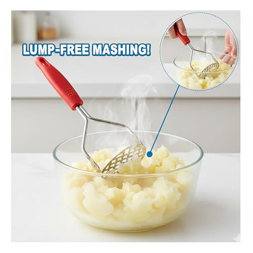 Image of YANCI Potato Masher, Stainless Steel Ricer Kitchen Gadget with Non-Slip Handle, Masher Utensil for Mashed Pav Bhaji, Vegetables, Fruits & Baby Food, Red, Pack of 1