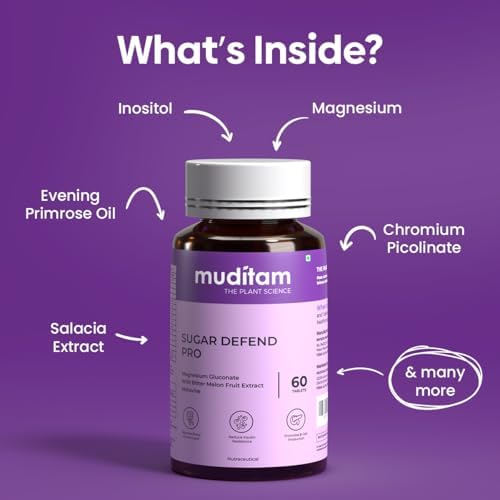 Muditam Ayurveda Sugar Defend Pro โ 60 Tablets | Ideal for 30 Days | Sugar-Free Tablets for Weight Management & B-Cell Regeneration | Helps Manage Blood Sugar Levels | Vegan Friendly | Pack of 1