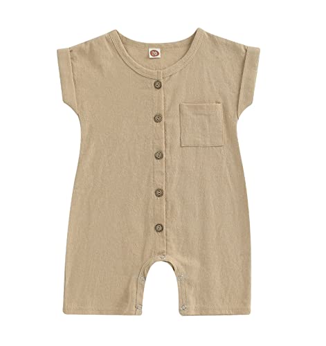Baby Boys' Girls Short Sleeve Rompers Jumpsuit,Organic Cotton and Linen Sleeveless One-Piece Coverall (II-Beige, 0-3M)