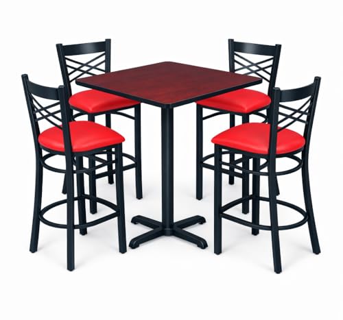 Kratos Commercial 30" Square Cherry/Black Laminate Table Set with X-Base and 4 Cross Back Metal Barstools and Red Seat | Restaurants, Bars, Dining Halls | - (32Q-055)