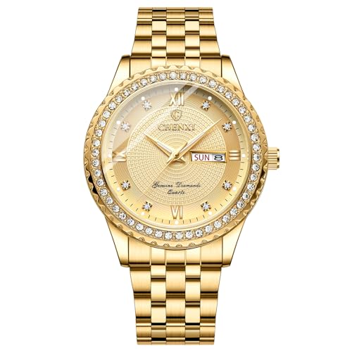 Image of JewelryWe Couple Gold Quartz Watch: Business Analog Full Diamond Day Date 3ATM Waterproof Luminous Hands Stainless Steel Removable Strap Casual Wrist Watch for Father's Day