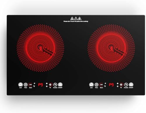 VBGK Placa Vitrocerámica 2 Fuegos, 3520W Placa Vitroceramica Dos Fuegos Con Enchufe, 9 Niveles, Calefacción por Infrarrojos, Control Táctil, Cierre De Seguridad, Integrada O Portátil