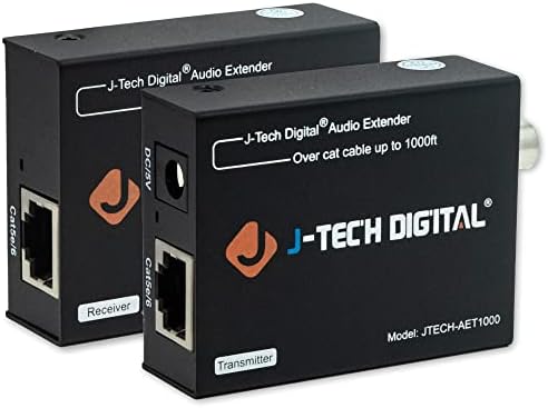 Digital Audio Extender Converter for Optical/Coaxial Audio Over Single Cat5e/6 Cable (PoC) up to 990’ (300m) for Dolby Digital, DTS 5.1, DTS-HD, PCM by J-Tech Digital [JTECH-AET1000]