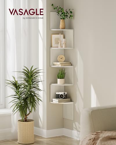 Image of VASAGLE CUSTOS Collection - Corner Shelf Wall Mount, 5-Tier Floating Corner Bookshelf, Plant Shelf for Bedroom, Living Room, Bathroom, Home Office, Rustic White ULBC072W02
