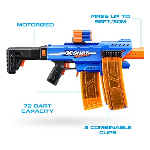 XSHOT Zuru Insanity Motorized Clip Mania Blaster with 72 Air Pocket Technology Darts and Dart Storage, Outdoor Toy for Boys and Girls, Teens and Adults