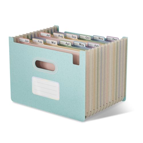 EcoStash Accordion File Organiser, 12 Pockets A4 Wheat Straw Expanding File Folders, Monthly Filling Document Organiser, BPA Free, Return to Nature, Healthy Living, Sky Blue (Open Top)