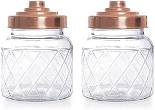 Lattice Textured Glass Kitchen Storage Jar with Copper Lid 600ml, Set of 2