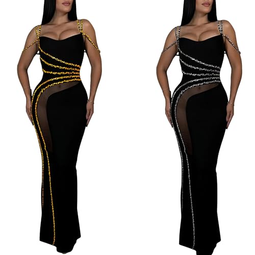 Image of PORRCEY Women's Sexy Rhinestone Lace Sheer Mesh Formal Evening Dress