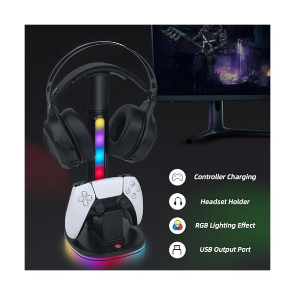 Mcbazel RGB Headset Stand with Charging Station for PS5/PS5 Edge Controller, Controllers Stand & Playstation 5 Controllers Holder, Premium RGB Gaming Headphone Holder – Black - Image 6