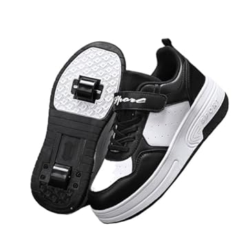 ENEN Scarpe con Ruote per Ragazzi e Ragazze, Scarpe da Ginnastica All'aperto con Ruote, Scarpe con Ruote per Bambini 2 in 1 Roller Scarpe da Ginnastica con 2 Ruote, nero/bianco, 32 EU