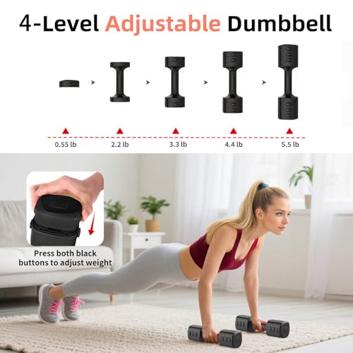 Image of 2-in-1 Adjustable Dumbbell Set, Upgraded 4 Levels Hand Weights for Women Men, Each 2.2 /3.3 /4.4 /5.5lb, Convertible Weights Dumbbells and Kettlebell Set for Home Gym Exercise & Fitness