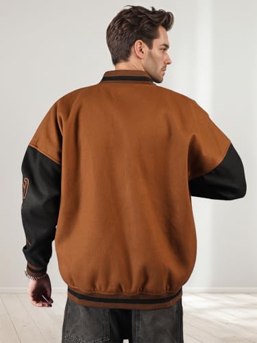 Image of CHKOKKO Men's Oversized Varsity Jacket with Snap Button Closure and Patch Design Trendy Comfortable Outerwear for College Travel and Casual Wear