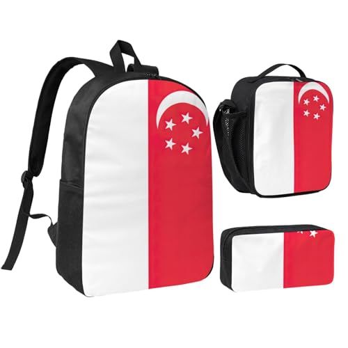 Singapore Flag print Shoulder Bookbags Lunch Bag and Pen Case 17 inches Backpack with Lunch Box, Cute Bookbag Set