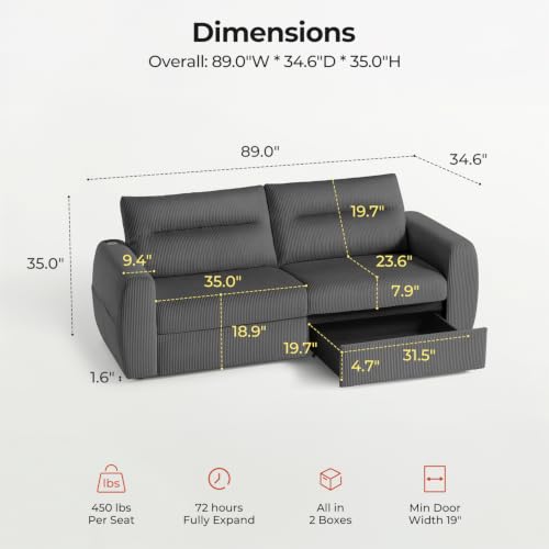 Image of 88.6 inch Modern Storage Loveseat Sofa, Small Couches for Living Room, Grey | Corduroy, USB Charging, Pull-Out Storage, Deep Seat, Comfy Love Seat for Small Spaces, Apartment, Bedroom, Dorm, Office