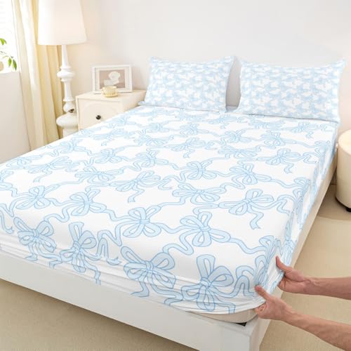Image of Castle Fairy Blue Bowknot Bed Sheet Set Twin Size,Coquette Bowtie Ribbon Sheet Set Kids Teens,Dreamy Princess Style Cute Bow Bedding Decor Set with 1 Flat & 1 Fitted Sheet with 1 Pillow Sham