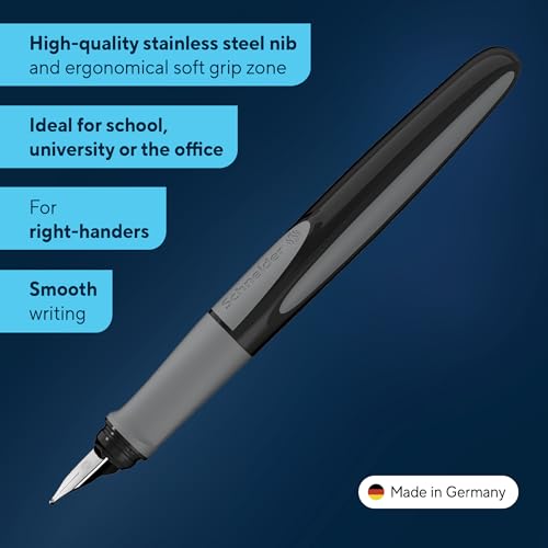 Image of Schneider Ray Fountain Pen, Blue Ink, Onyx Barrel, Rubberize Grip, Right Handed Medium Iridium Tip, Refillable, Erasable Blue Ink, 1 Each (168207)