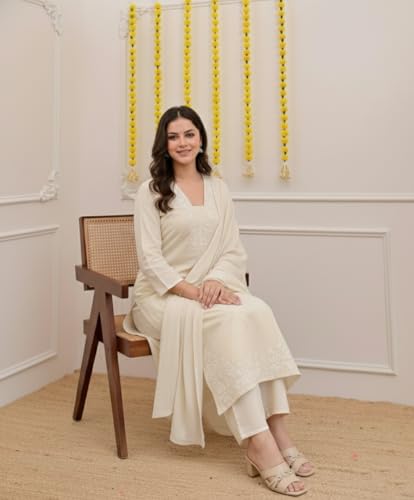 Image of ANNI Designer Pure Cotton Embroidered Kurta Set for Women | Rust Orange Kurta with Pants & Dupatta | Floral Neck & Hem Embroidery | Cotton Kurta Set for Women | 10 Colour Options Available