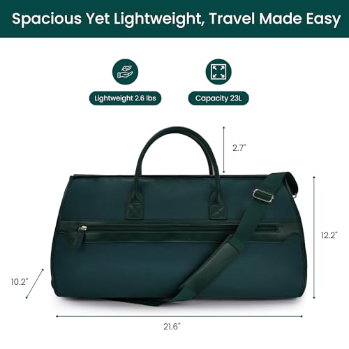 NOBL Travel Fold N Go Duffel Bag, 2-in-1 Convertible Garment Weekender Bag & Suit Carrier, Large Carry On Duffle Bag for Men & Women, Leather Overnight Bag with 2 Shoe Compartments - Forest Green4