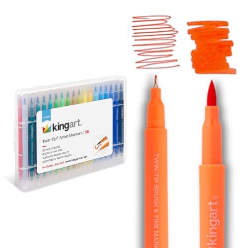 KINGART Dual Tip Brush Markers Art Pen Set, Artist Fine and Brush Tip Colored Pens, for Drawing, Lettering Calligraphy Journaling, Bible, Crafts, Set of 36 Bright Colors in Travel Storage Case