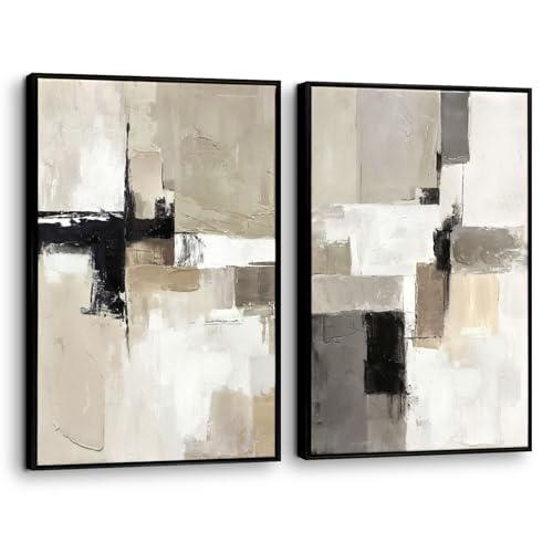 Set of 2 Modern Neutral Abstract Wall Art – Framed