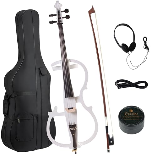 Cecilio 4/4 Electric Cello with Ebony Fittings, Professional Silent Electric Cello Kit with Bow, Rosin, Aux Cable and Headphone, Musical Instrument for Beginners, Pearl White