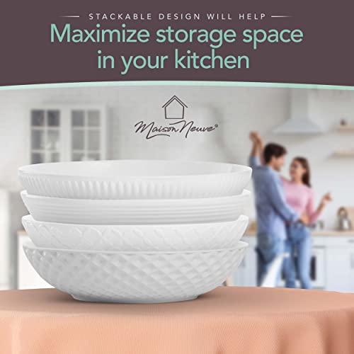 Maison Neuve Premium Porcelain White Dinner Bowls [Set Of 4]- 34Oz Dinnerware Kitchen Bowls For Soup, Noodle, Pasta, Salad, Cereal, Dessert- Durable Dishwasher-Safe 8.5” Serving Bowls- Textured White #TOP6