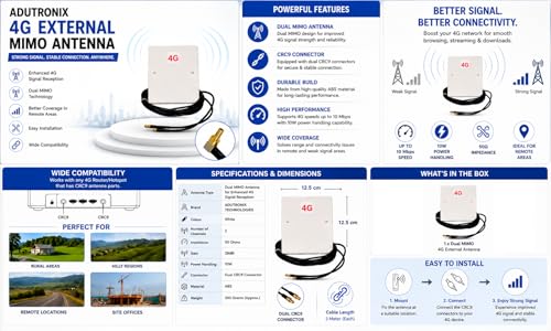 Image of AduTronix 4G External MIMO Antenna, White ABS, 28dBi Gain, Wireless Connectivity, 10W Power, CRC9 Connector, Solves Range Problem in Remote Area