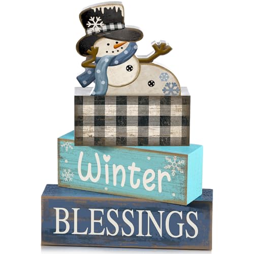 Image of Moucuny 4 Pcs Winter Table Decorations Playful Snowman Decor Indoor Winter Tiered Tray Decor Rustic Wooden Decorative Snowman Block Sign Gift Snowflake Centerpiece Farmhouse for Home Kitchen
