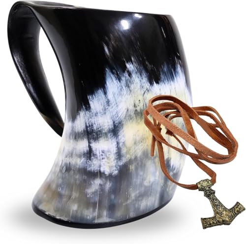 ZAHANAARA Horn Mug - Beer Mug | Rustic Viking Drinking Horn for Mead, Ale, Beer | Handmade Drinking Cups for Norse Myth Fans | Unique Gifts for Men & Women | Viking Tankard Gift, Made From Ox - 16oz