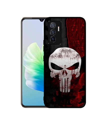 Image of Punisher Skull Design Premium 2D Printed Metal Back Case Cover for Vivo V23E 5G / Y75 4G, White