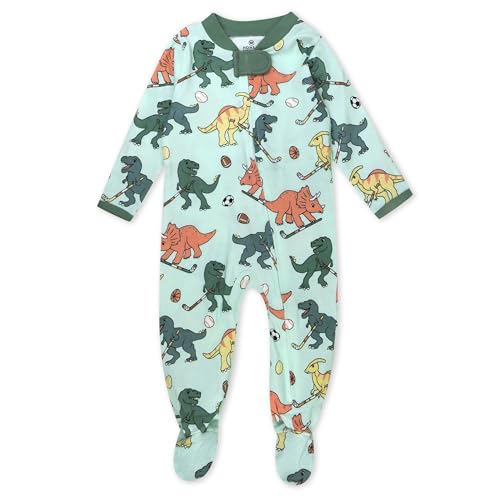 Image of HonestBaby Sleep and Play Footed Pajamas One-piece Sleeper Jumpsuit Zip-front Pjs Organic Cotton for Baby Girls, Unisex, Dino Mite Athlete Eggs, 6-9 Months