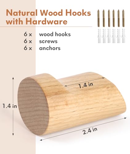 Optish WOOD1 Wood Wall Hooks For Hanging, 6 Pack Hat Hooks For Wall, Decorative Wall Hooks, Coat Hooks Wall Mounted, Heavy Duty Entryway Wall Hangers thumb #3